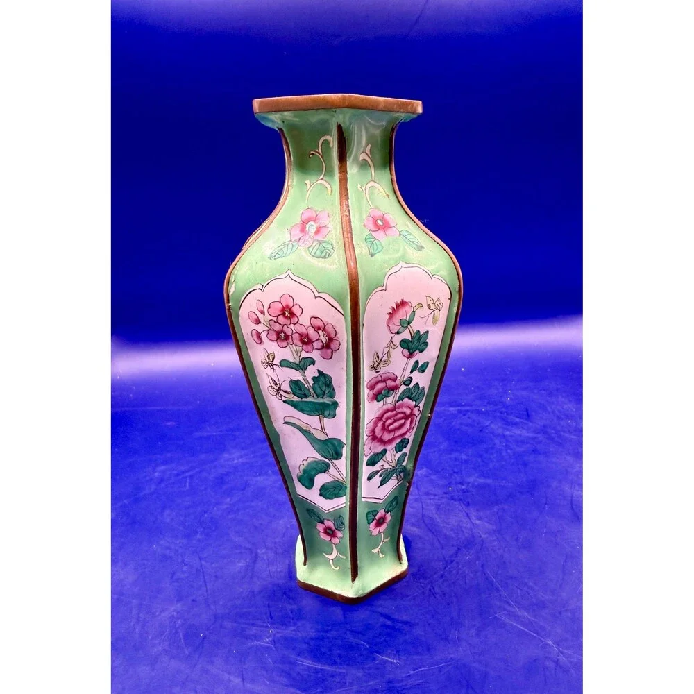 Vintage Chinese Canton Enamel on Copper Vase Butterfly1980s Hand Made in China